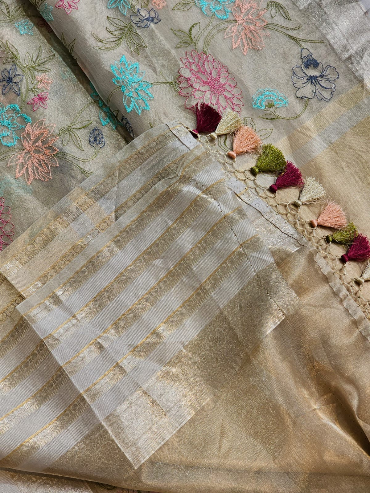 Floral Tissue Katan Embroidery Saree Indian Sari