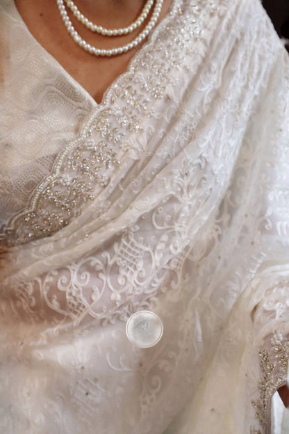 Sophisticated White Chikankari Gorgette Saree