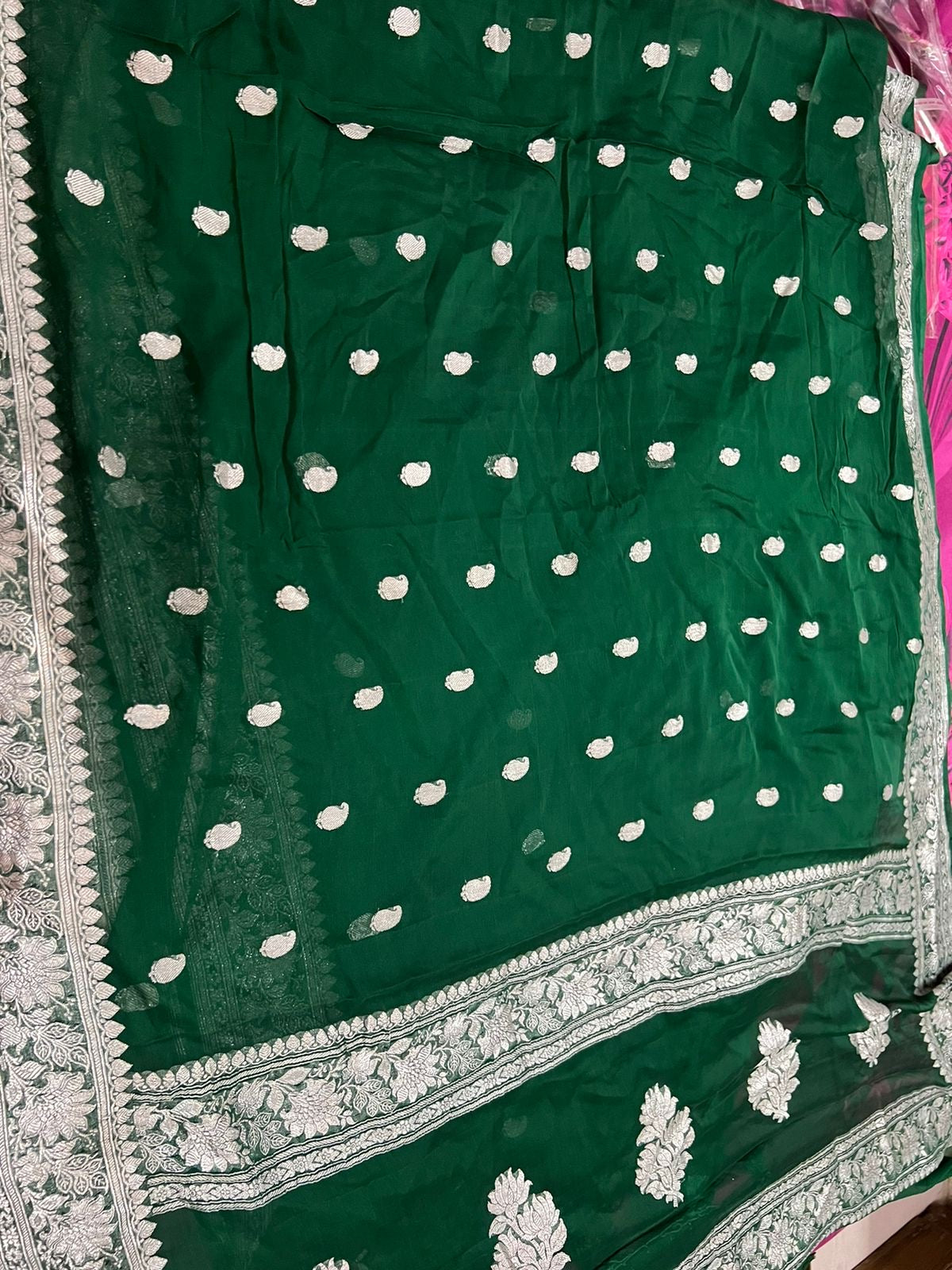 Chiffon Green Banarsi Saree khaddi chiffon saree