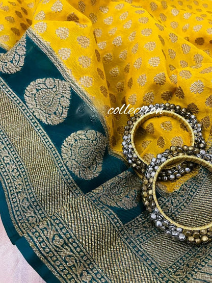 Yellow Banarsi khaddi gorgette sarees Indian saree