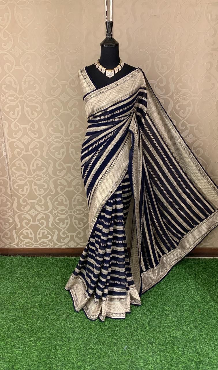 Luxurious Striped Saree Gorgette saree Indian sari blouse