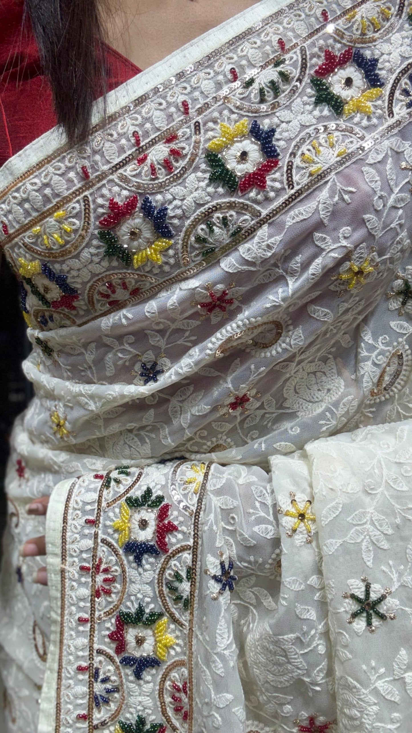 White Chikankari saree Gorgette sari blouse Indian sarees wom clothing