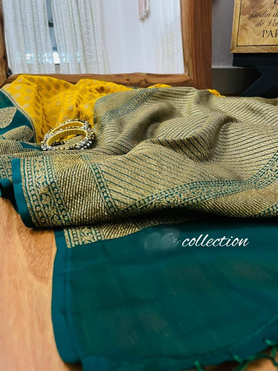 Yellow Banarsi khaddi gorgette sarees Indian saree