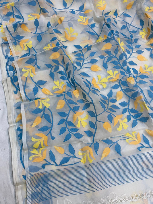 Aqua floral jamdani tantuj saree women saree