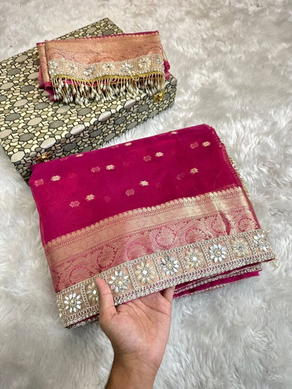 Pink tissue silk saree wedding sari blouse women sarees
