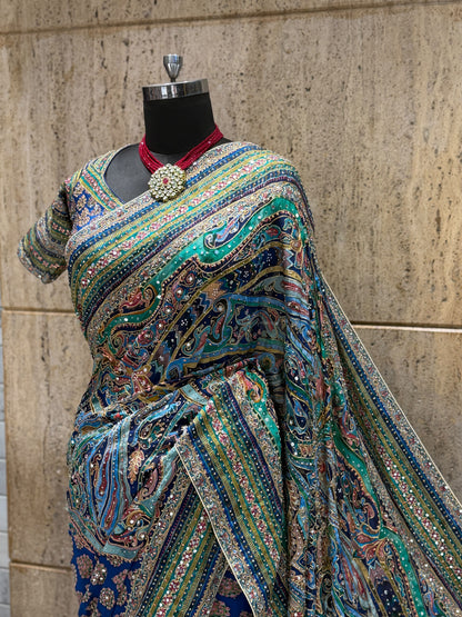 Ajrakh crepe saree Chinon sarees Partywear sari with stitched blouse