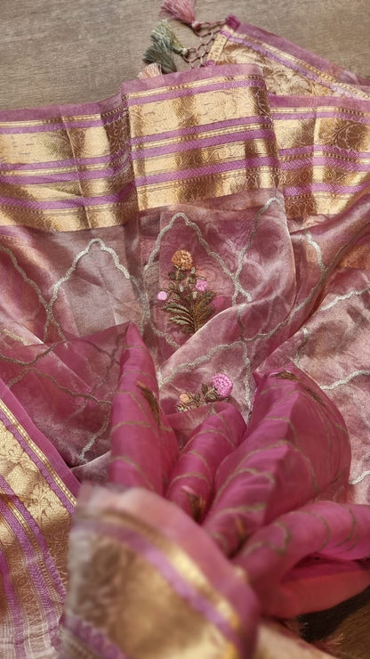 Pink silk organza tissue beautiful Banarsi sarees