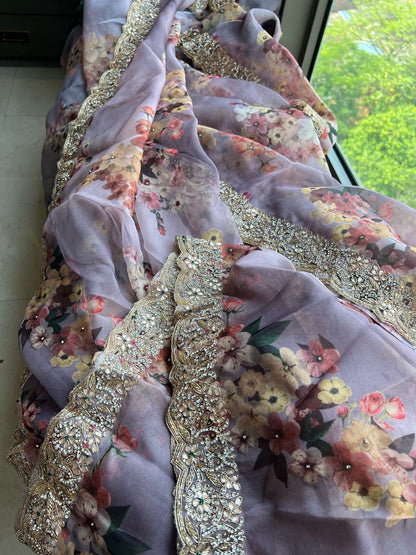 Lavender saree floral saree organza saree Partywear sari blouse