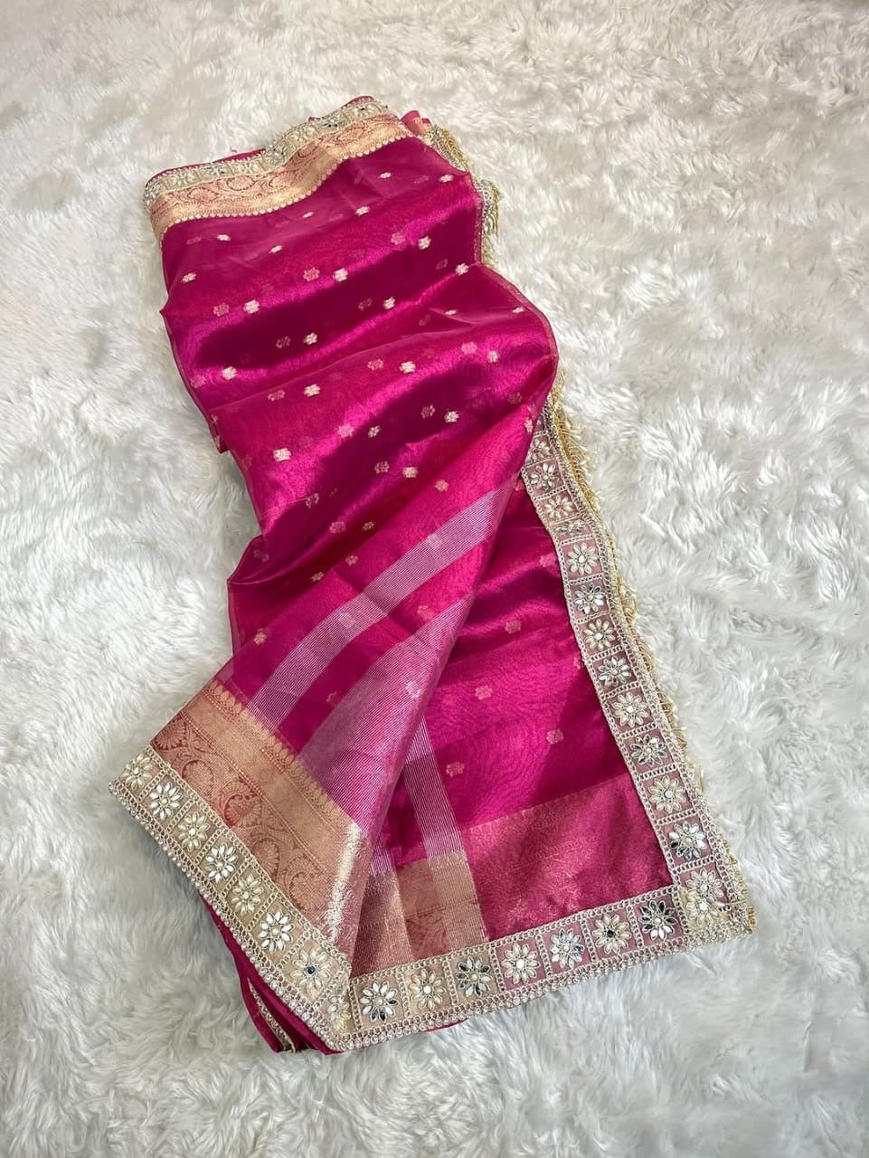 Pink tissue silk saree wedding sari blouse women sarees