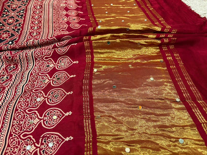 Maroon ajrakh saree Indian sari blouse traditional sarees women clothing