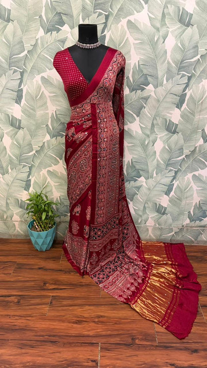 Maroon ajrakh saree Indian sari blouse traditional sarees women clothing