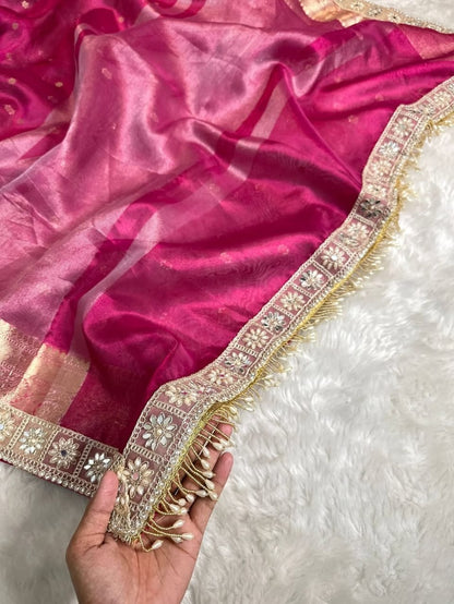 Pink tissue silk saree wedding sari blouse women sarees