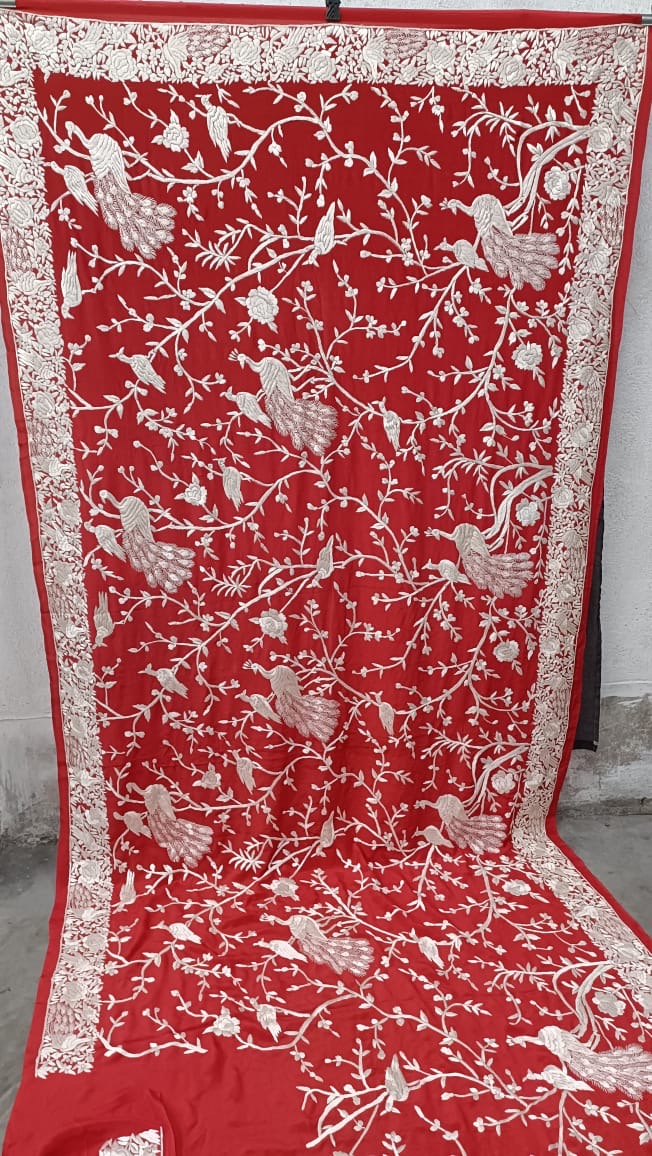 Red Bold Parsi Gara Saree Crepe Saree Indian Sari