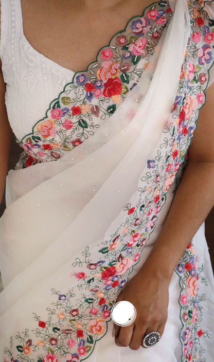 White Organza Saree Embroidery Saree Indian sarees