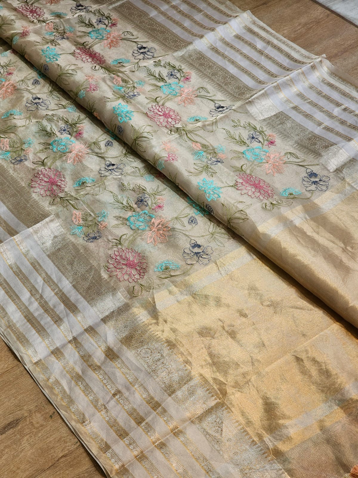 Floral Tissue Katan Embroidery Saree Indian Sari