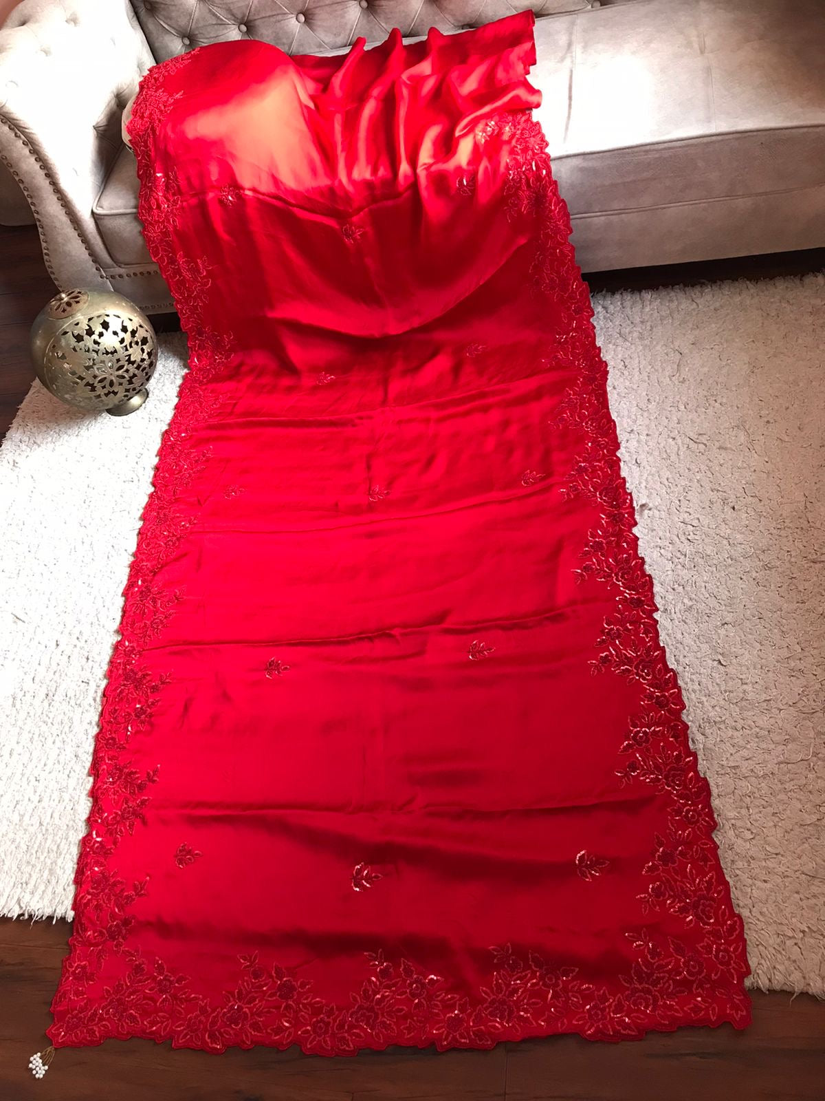 Red Satin Luxury premium Organza sarees