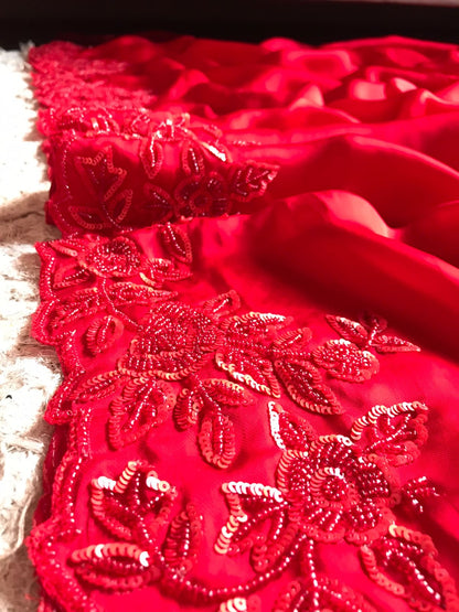 Red Satin Luxury premium Organza sarees