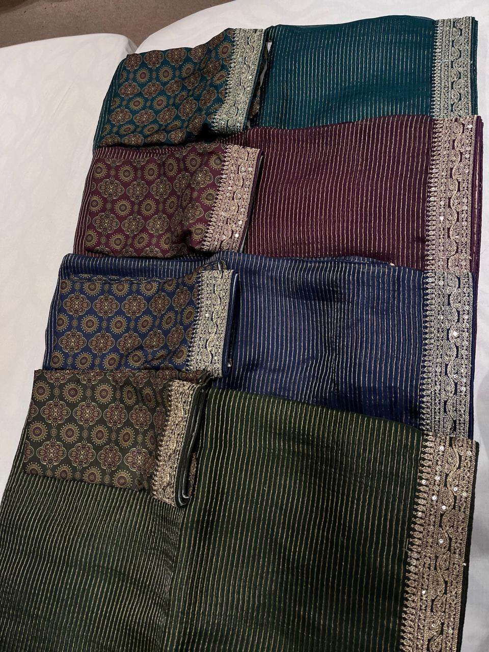Ajrakh inspired Organza saree Striped Saree Partywear Sari