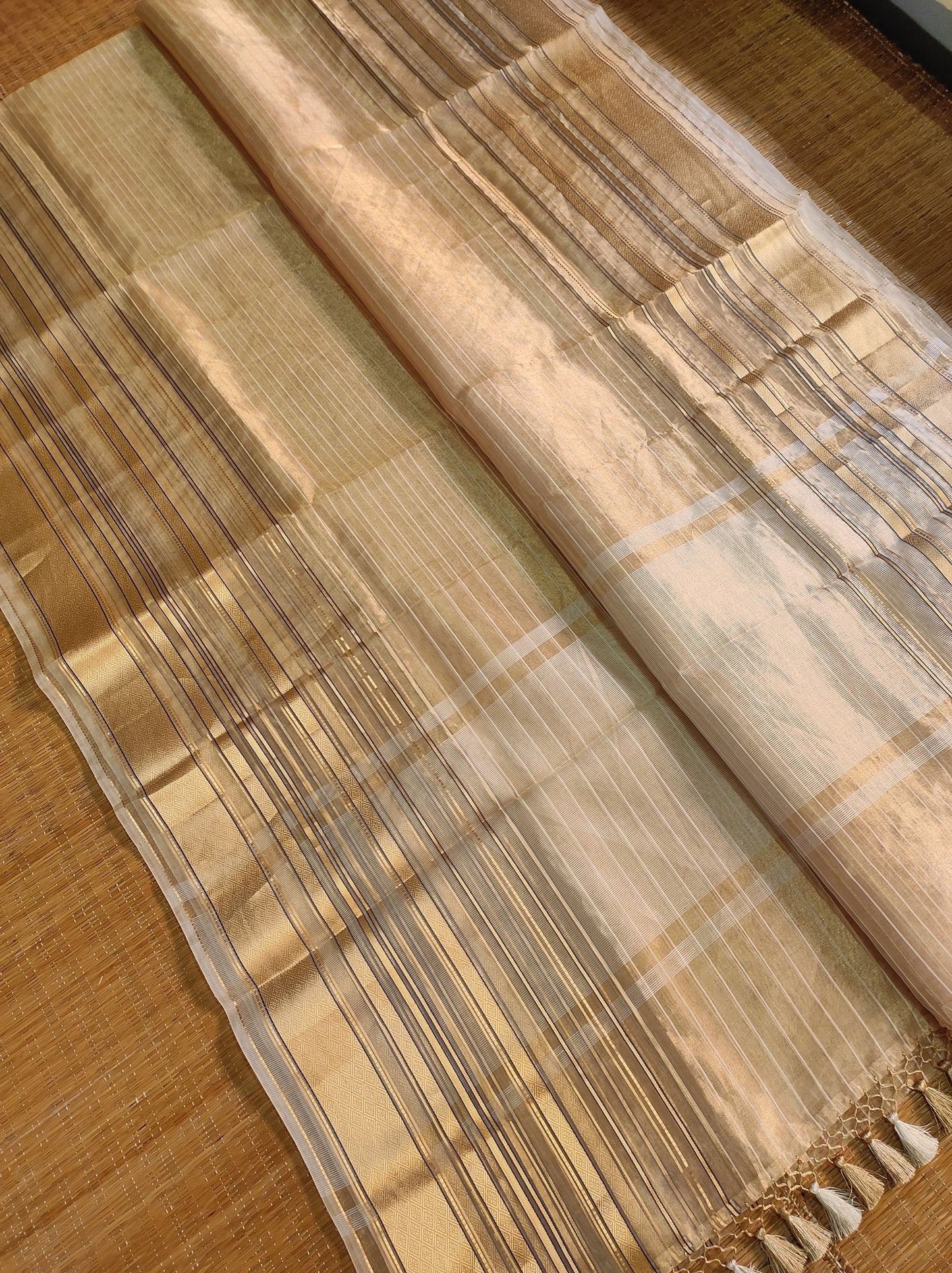 Tissue silk Striped Saree Organza Tassel Saree