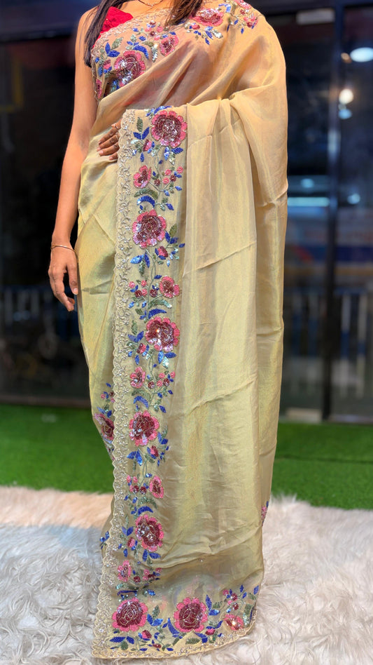 Gulnaar kanchi soft tissue silk saree reception saree for women