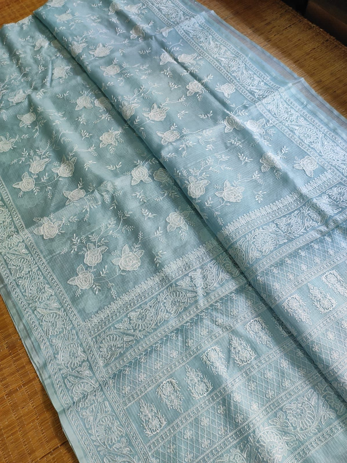 Tussar Chikankari Embroidery Kora Silk Saree