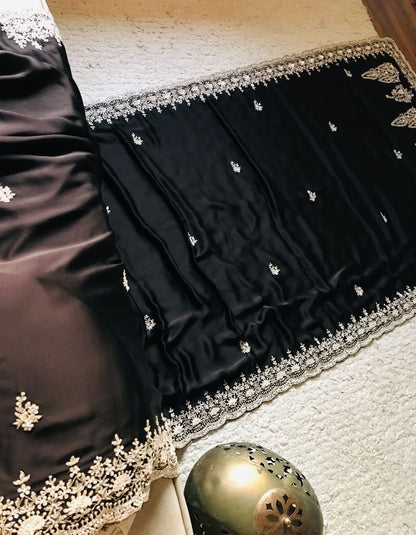 Black satin organza saree luxury saree women sari blouse
