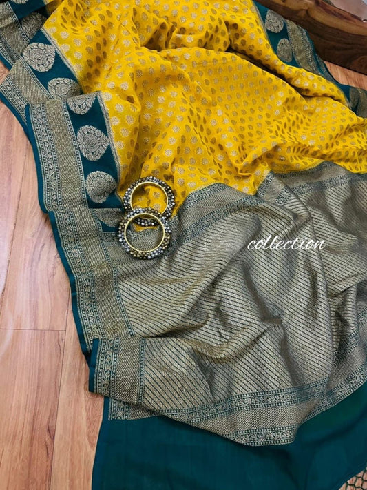 Yellow Banarsi khaddi gorgette sarees Indian saree