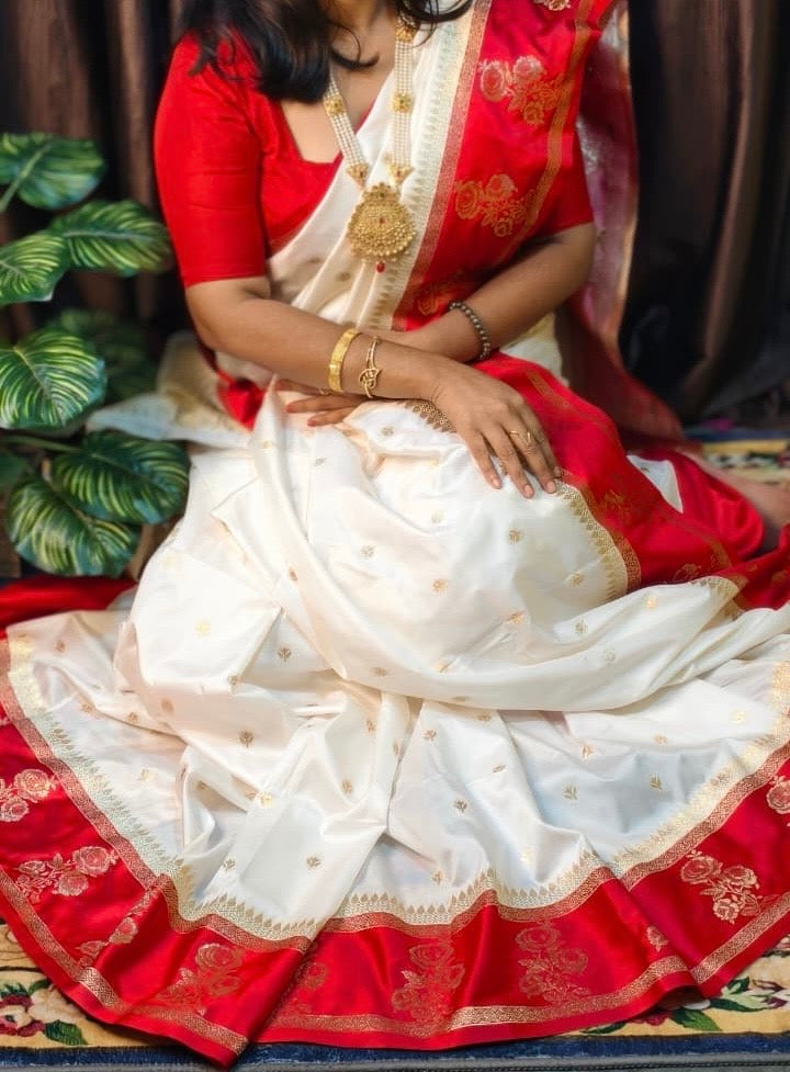 Puja special saree red white saree blouse Indian sari blouse