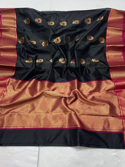 Black Chanderi Silk Saree Indian Saree