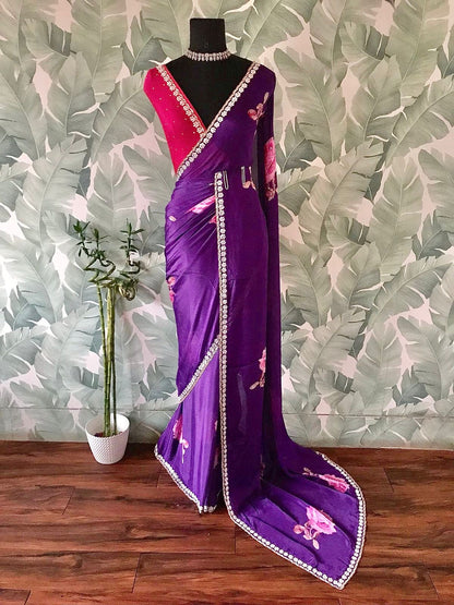 Purple printed saree crepe chinon saree Partywear sari blouse