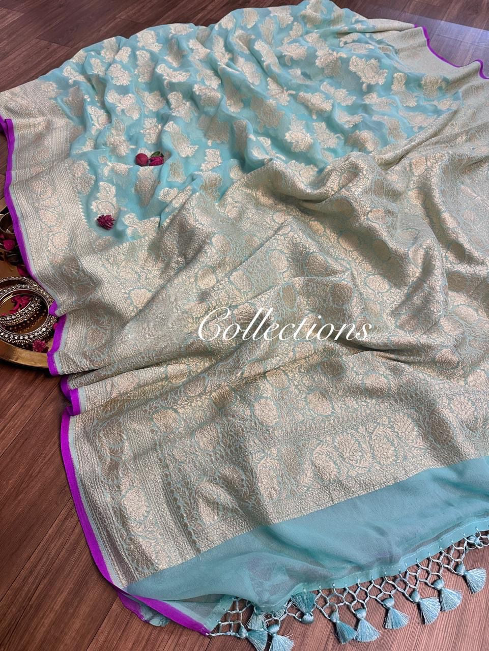 Firoza gorgette saree Handwoven sari blouse