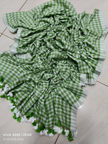 Check cotton saree Indian sarees blouse handmade cotton saree wid tassel
