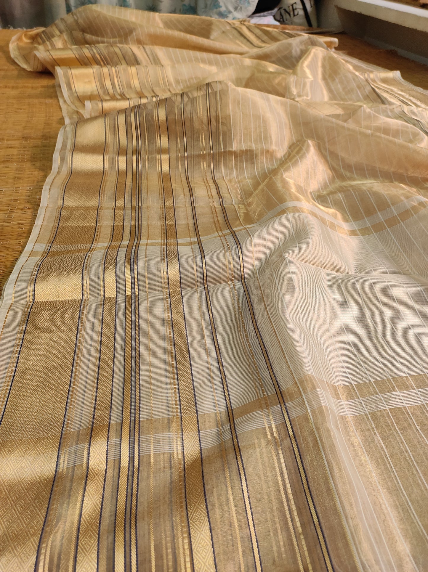 Tissue silk Striped Saree Organza Tassel Saree