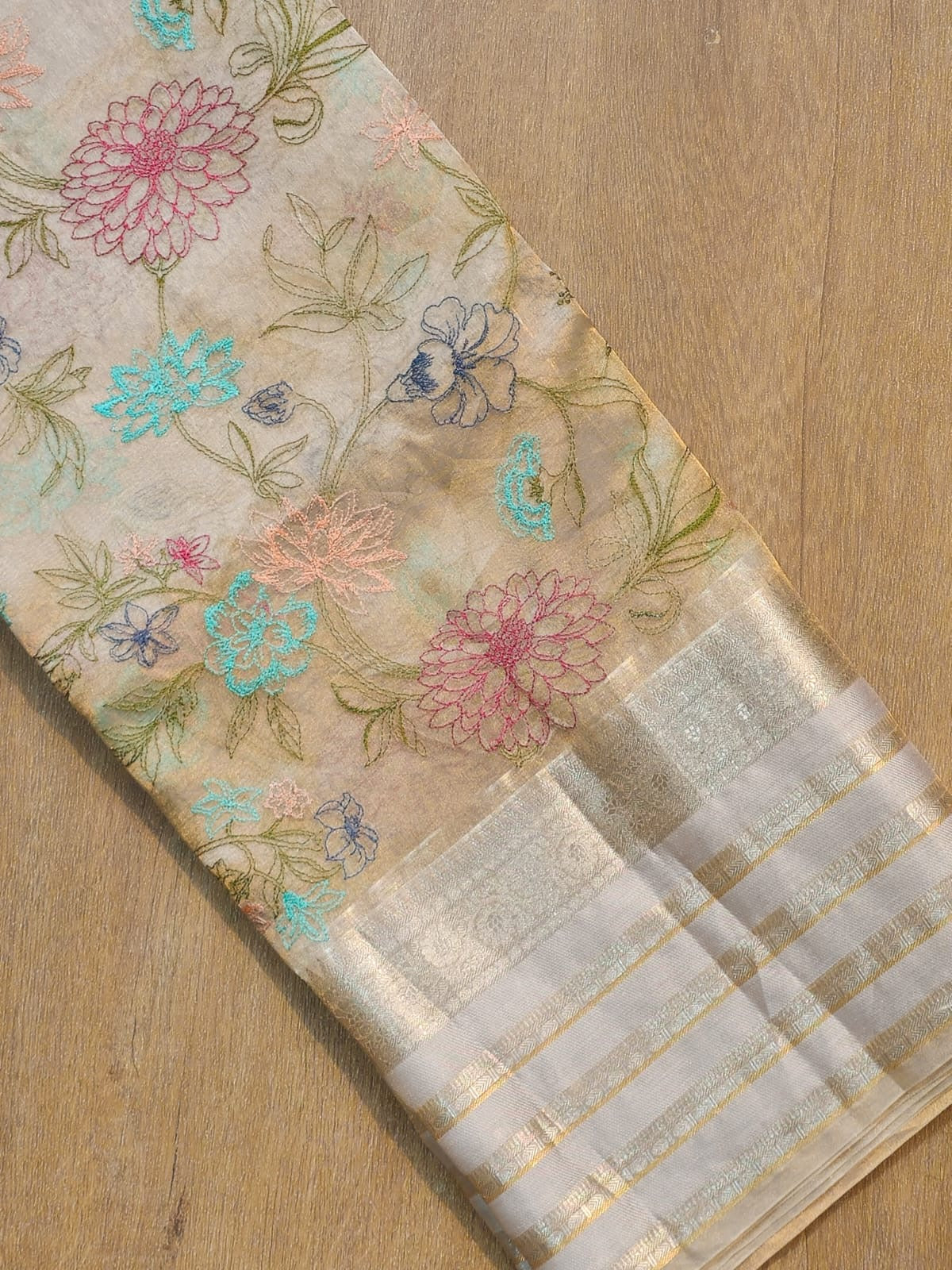 Floral Tissue Katan Embroidery Saree Indian Sari