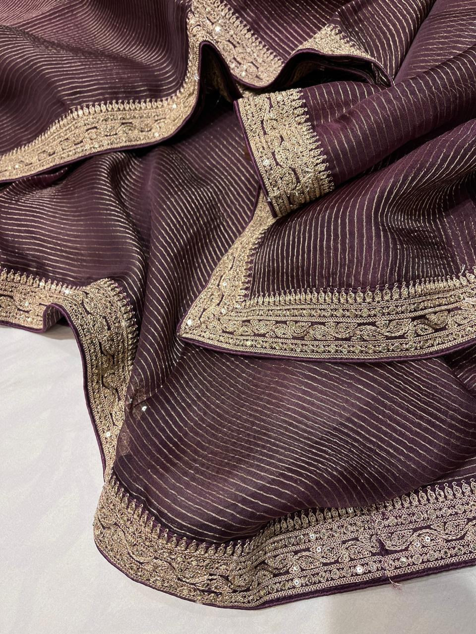 Ajrakh inspired Organza saree Striped Saree Partywear Sari