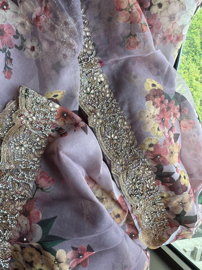 Lavender saree floral saree organza saree Partywear sari blouse