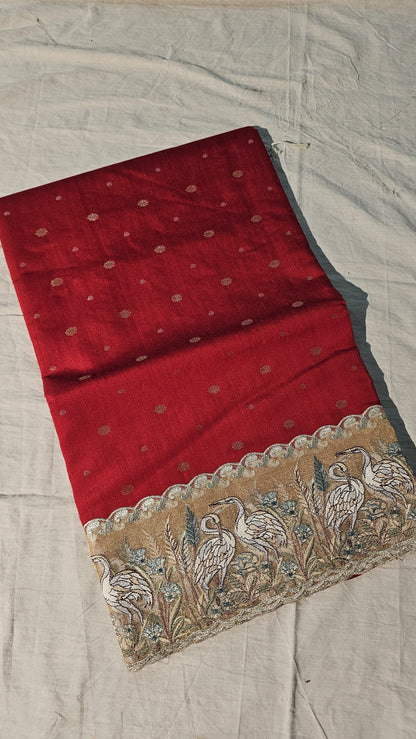 Red munga tussar saree flamingo embroidery saree blouse
