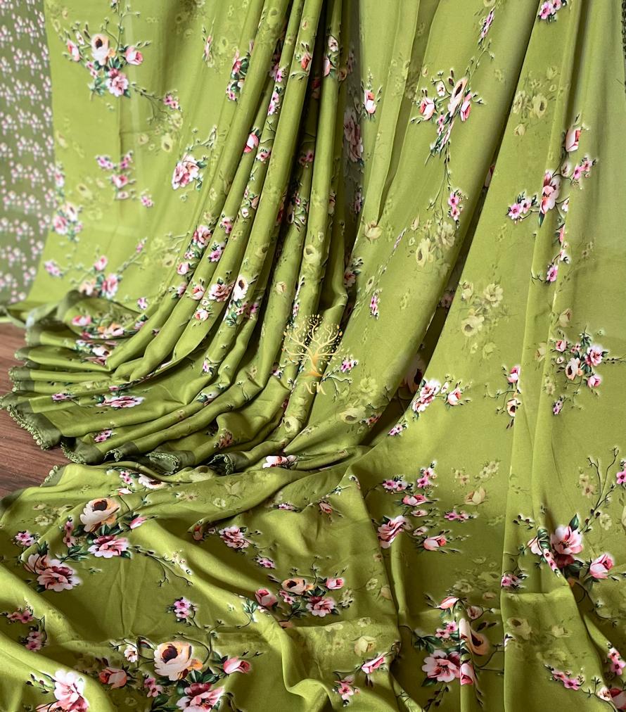 Green floral printed crepe saree