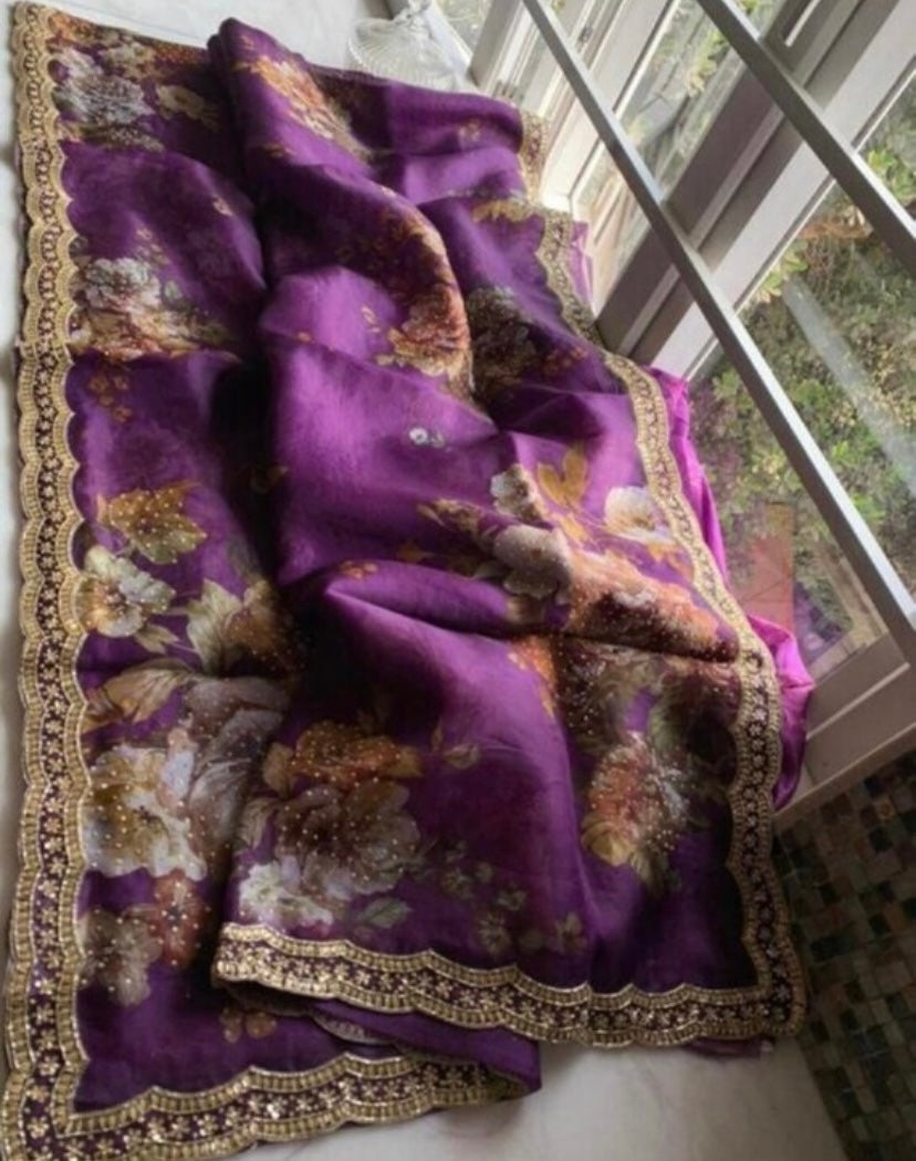 Floral purple organza saree