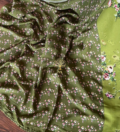 Green floral printed crepe saree