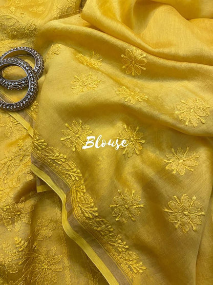 Lemon Chanderi chikankari handwoven saree