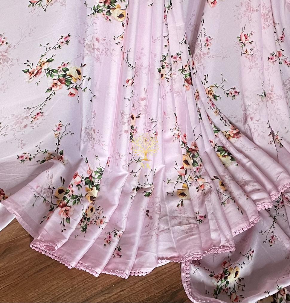 Pink floral crepe satin saree