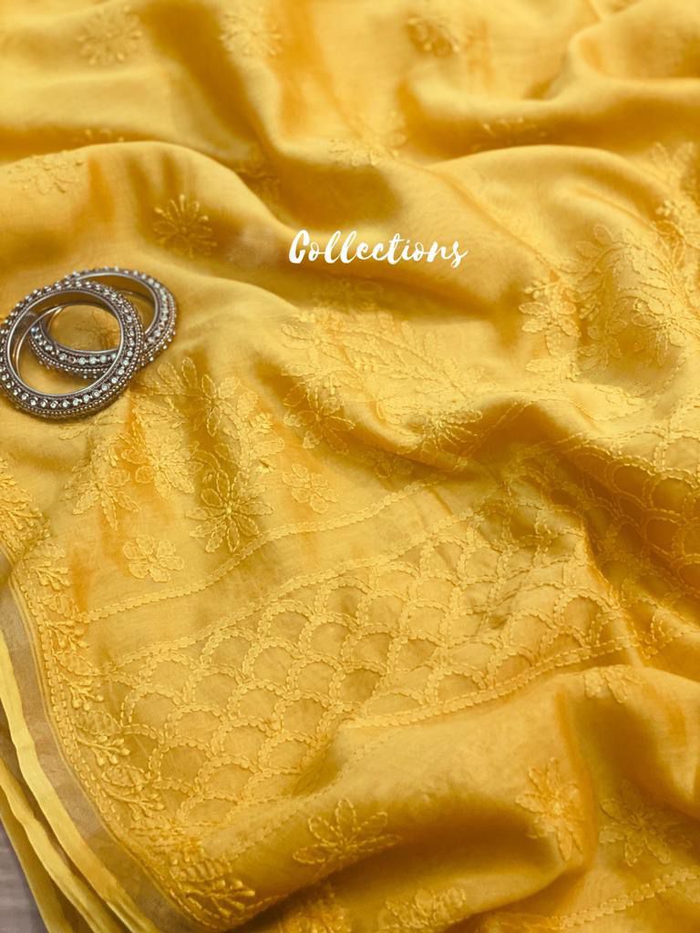 Lemon Chanderi chikankari handwoven saree