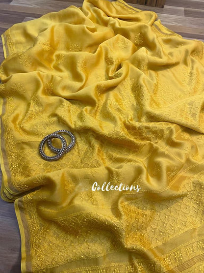 Lemon Chanderi chikankari handwoven saree