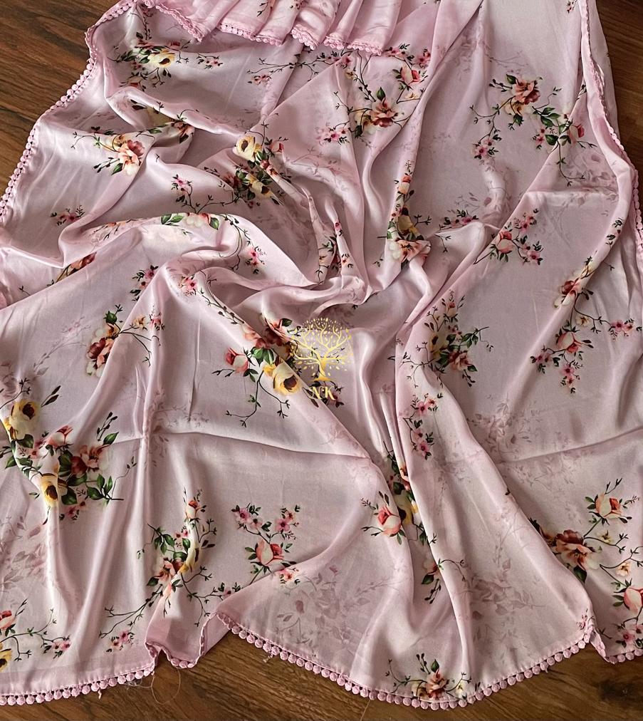 Pink floral crepe satin saree