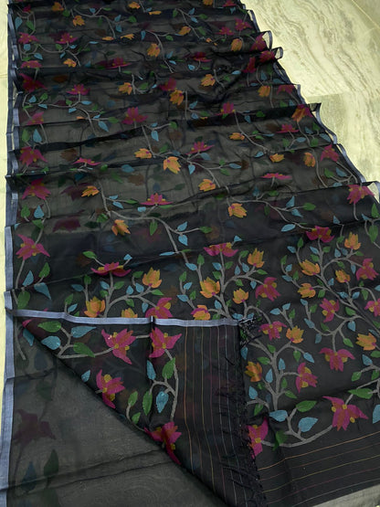 Vamika black floral tantuj jamdani saree