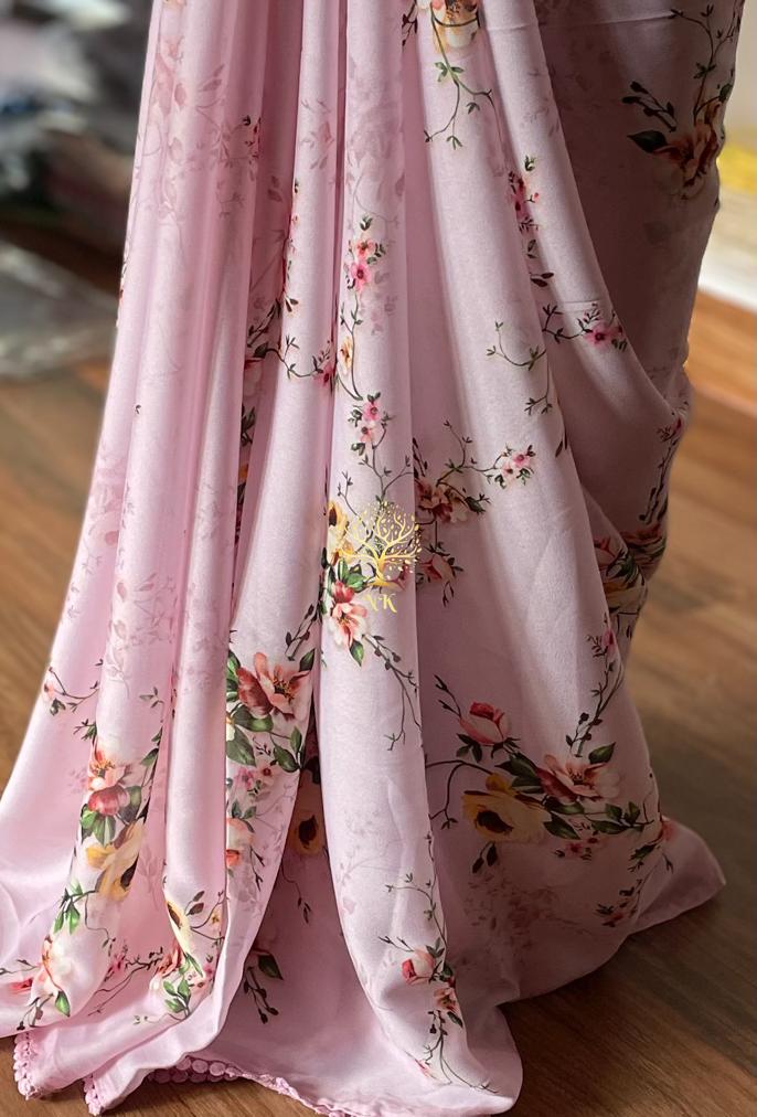 Pink floral crepe satin saree