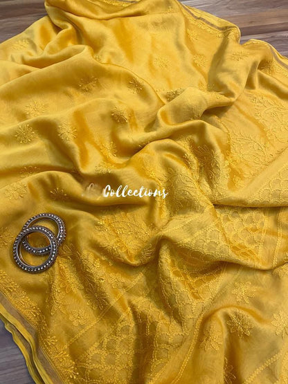 Lemon Chanderi chikankari handwoven saree
