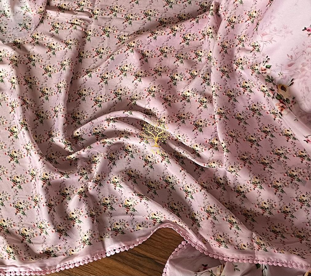 Pink floral crepe satin saree