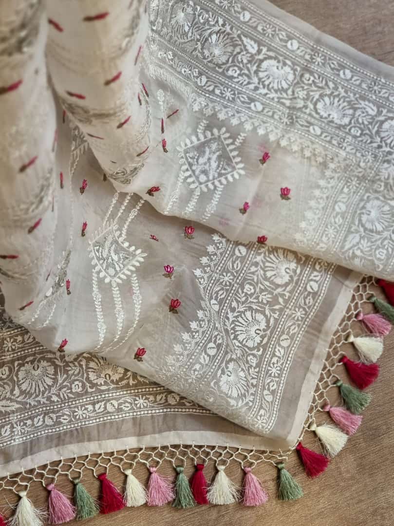 White organza silk embroidery sarees
